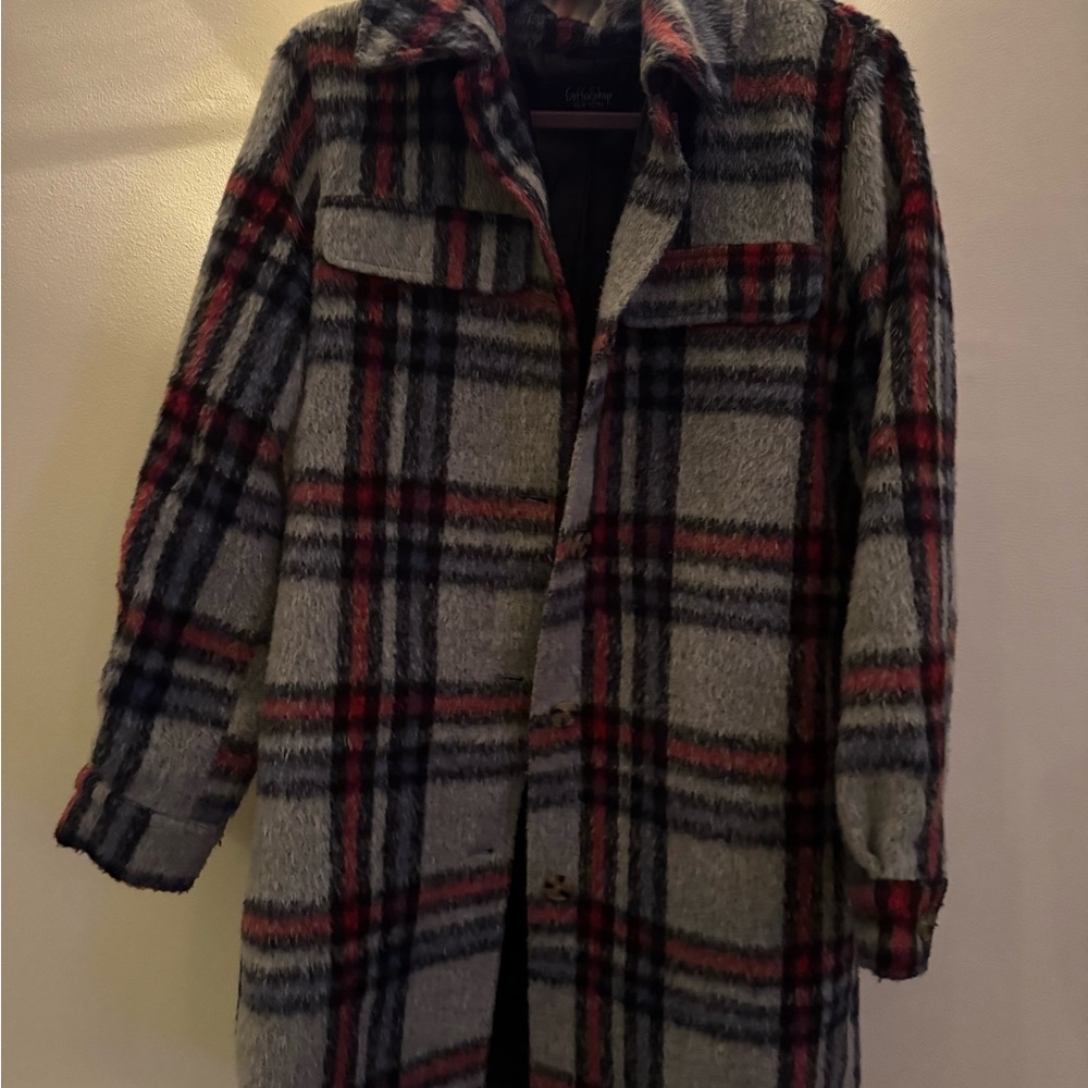 CoffeeShop Red and Gray Plaid Coat